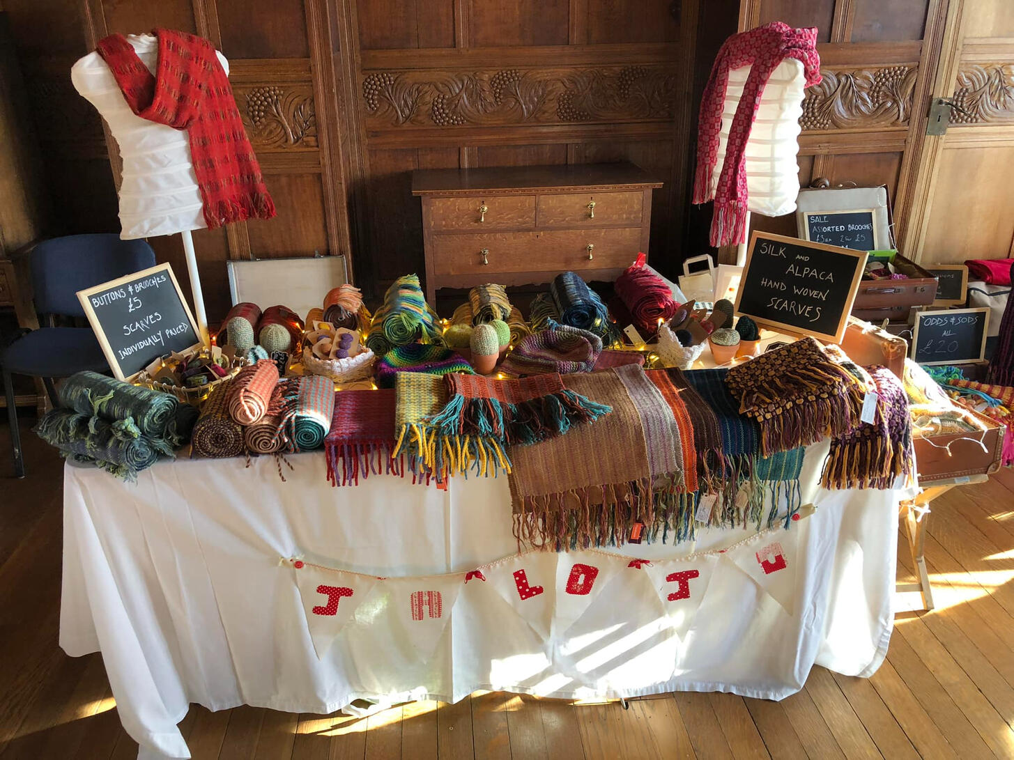 JaLoJo artisan textile stall at Blackwell Craft Fair 2024 showcasing handmade scarves